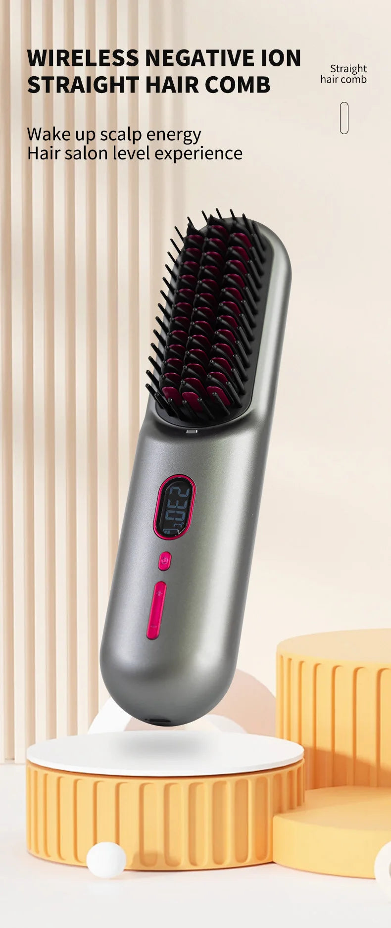 Household Wireless Portable Digital Negative Ion Straight Hair Comb TYPE-C Charging Roll Dual Purpose Straight Comb
