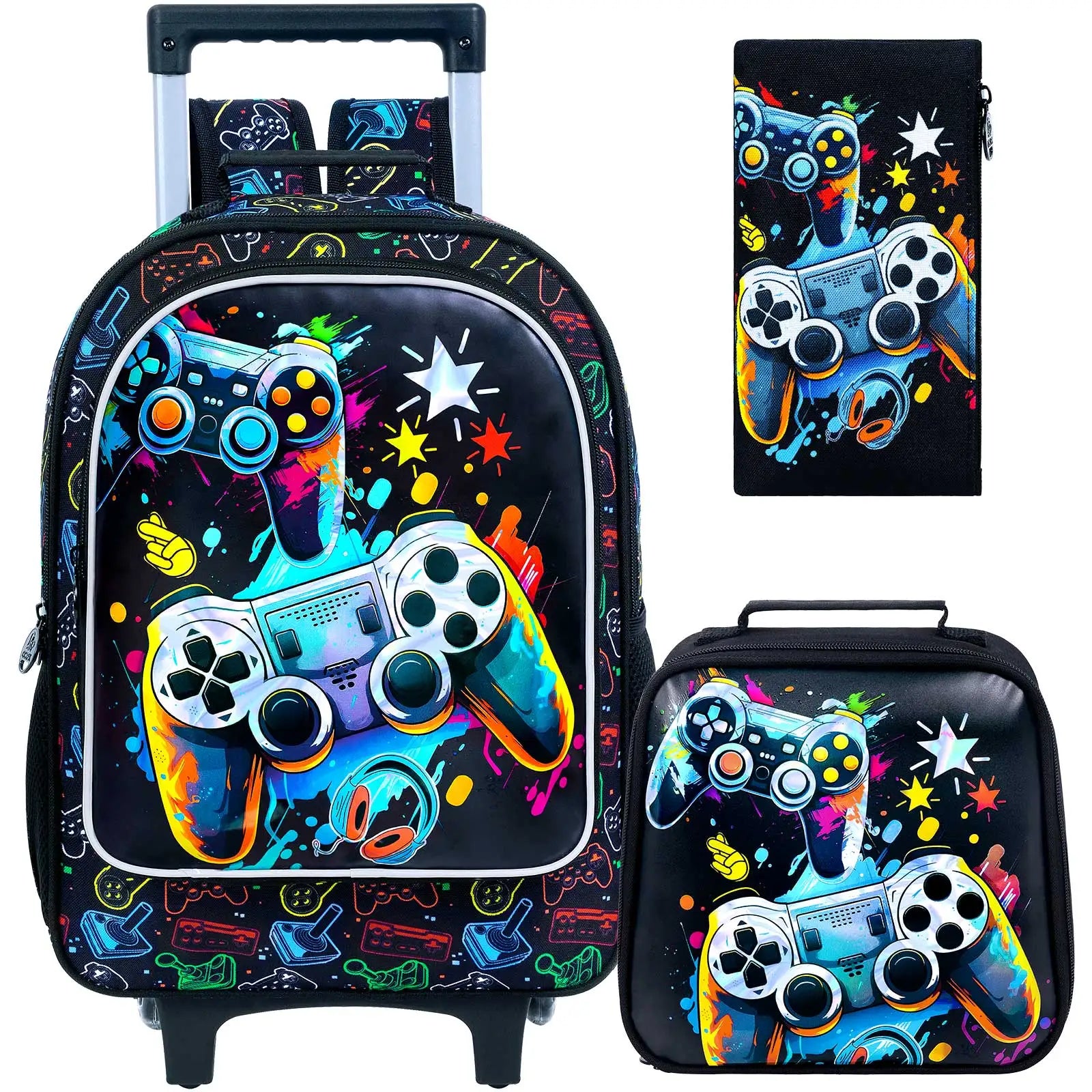 Rolling Backpack for Boys, 3PCS Kids Roller Bookbag with Lunch Bag, Wheeled School Bag for Children - Game Console