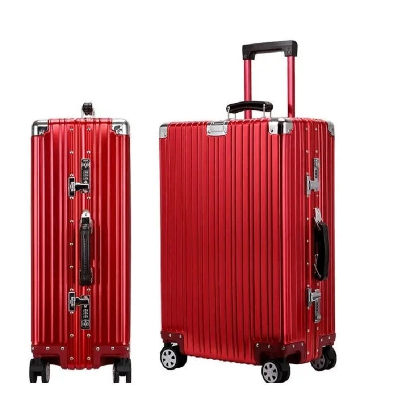Top Quality Aluminum-Magnesium Alloy Vintage Suitcase, 20/24/26/29 Inch Lightweight Travel Trolley Luggage With Leather Handle