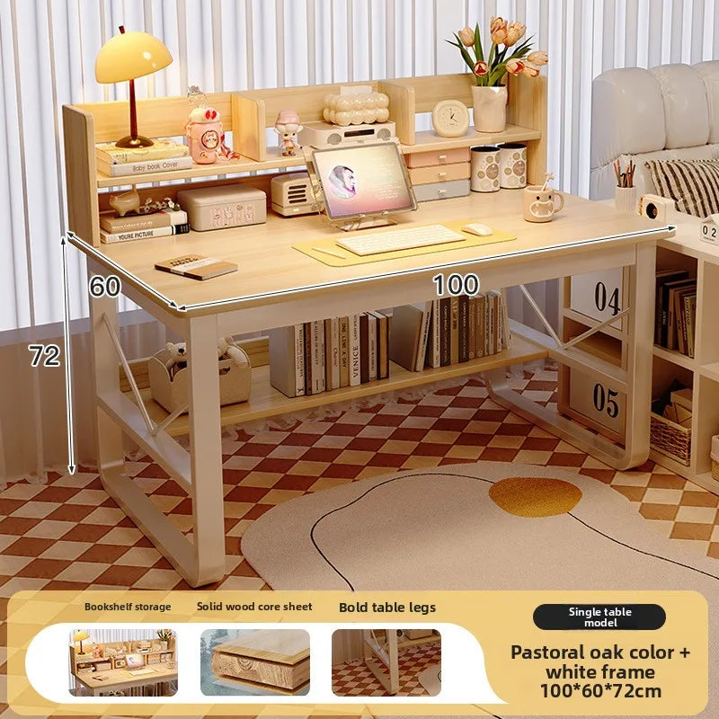 Solid Wood Computer Desk Household Desk Bookshelf Integrated Student Learning Desk Rental House Simple Office Table and Chair