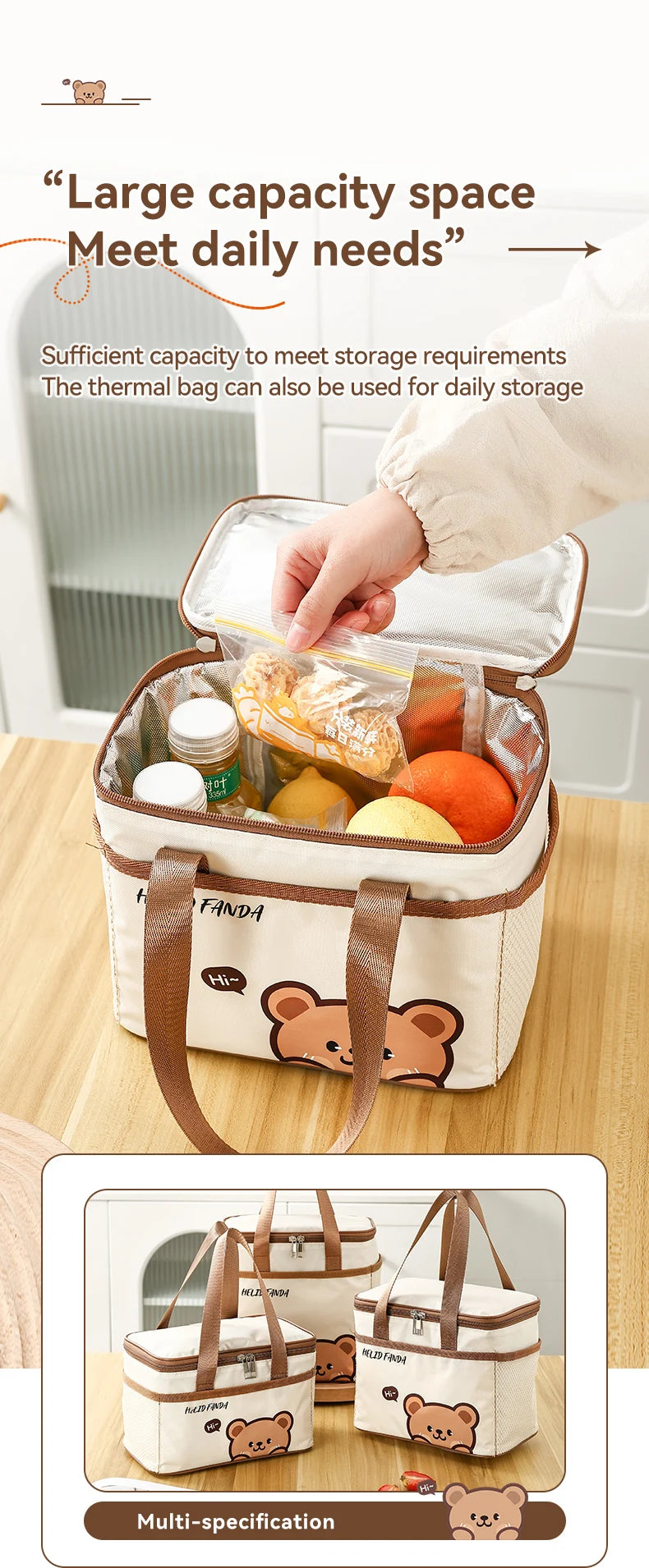 WORTHBUY Cute Thermal Lunch Box Bag Student Portable Large Capacity Insulated Lunch Bag Waterproof Reusable Picnic Cooler Bag