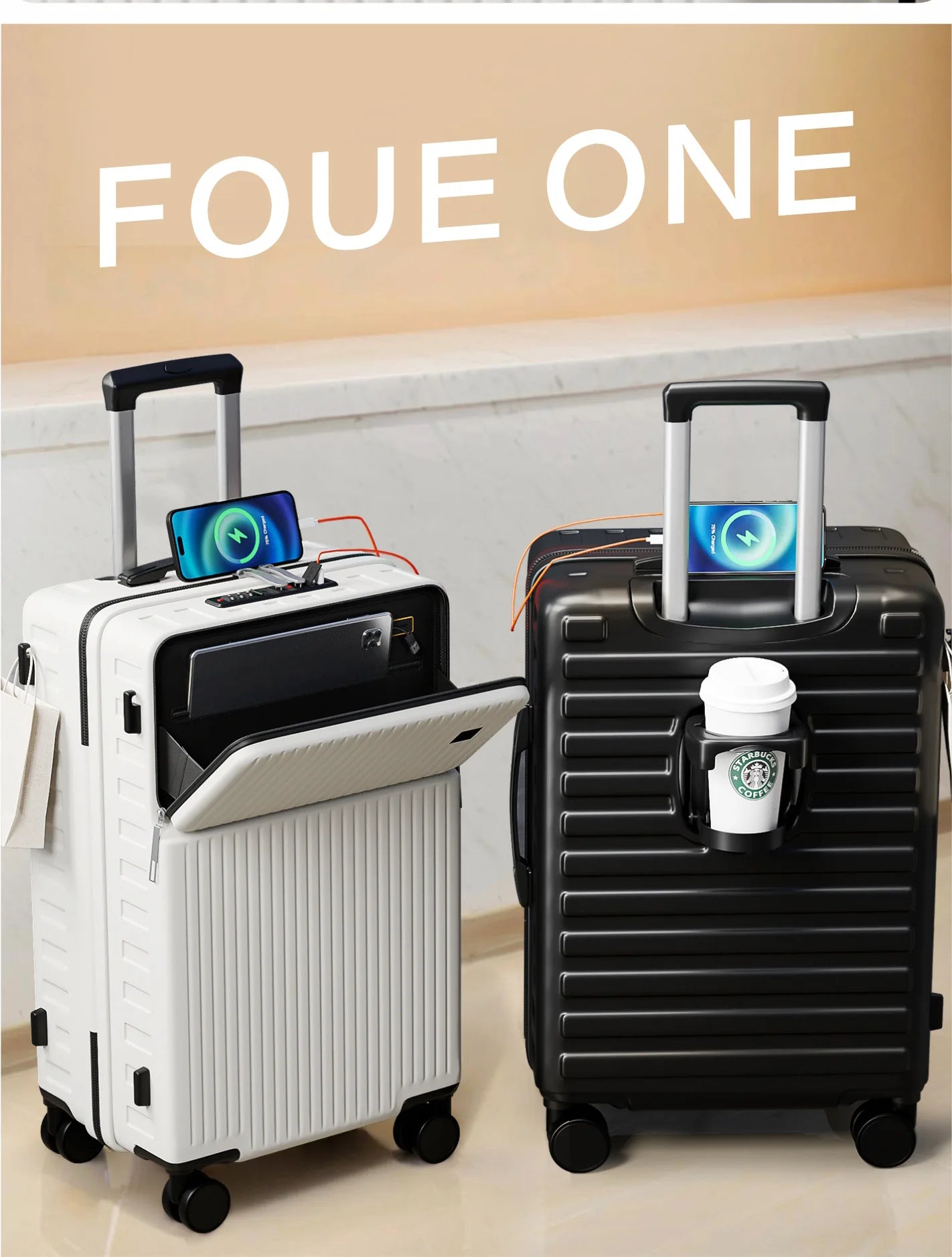 20"24"26 Inch Travel Suitcase Front Opening Luggage Laptop Boarding Case USB Charging Trolley Case with Wheels Carry on Luggage