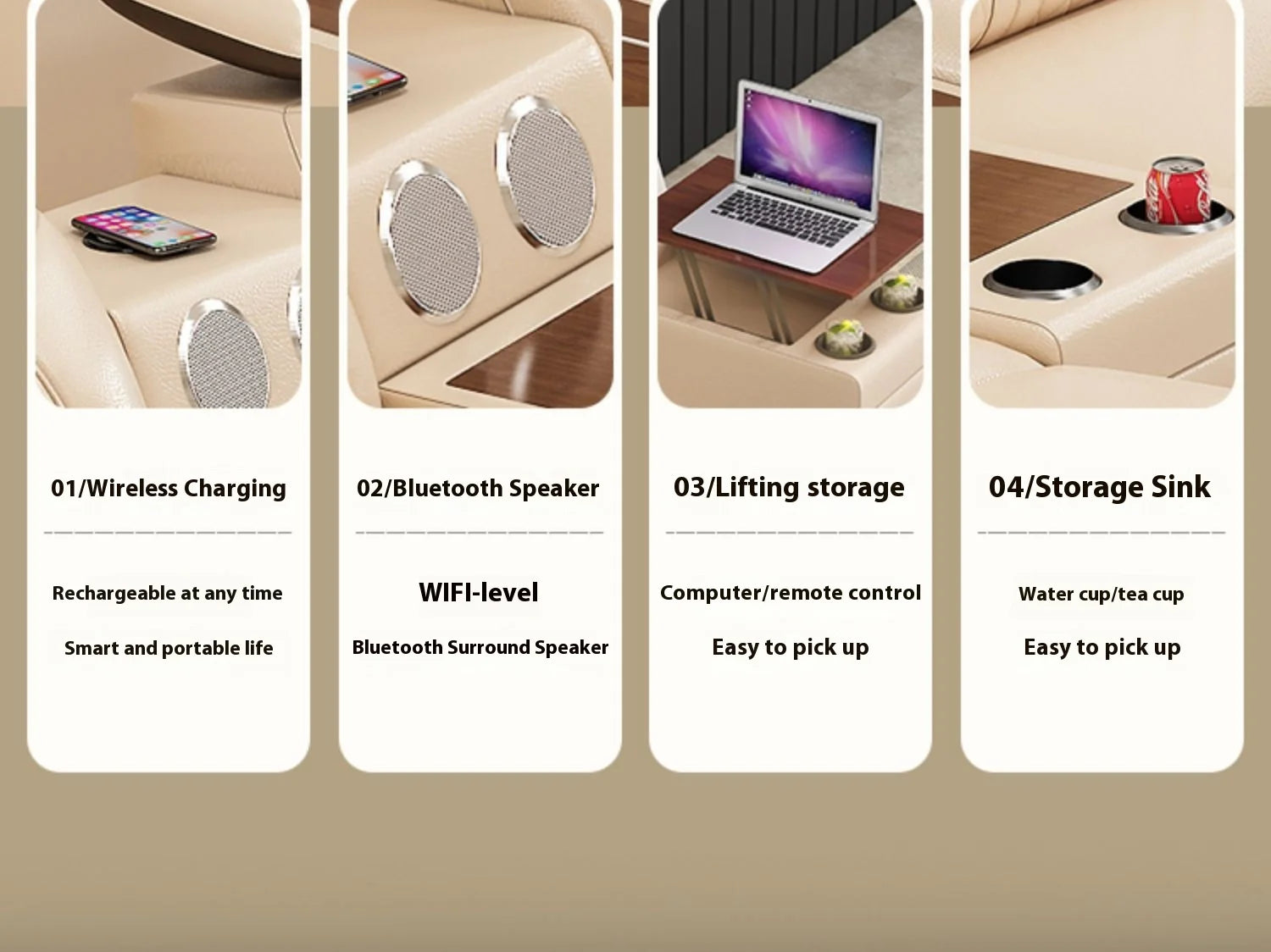 Stylish Italian Genuine Leather Sofa for Living Room with Cup Holder, USB, Adjustable Headrests & Bluetooth Speaker - Lazy Sofa