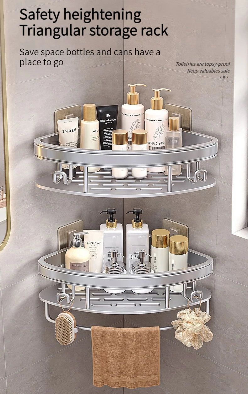 No Need to Drill Walls for Installation Aluminum Bathroom Shelf Shelves Shampoo Rack Storage Holder Kitchen Organizer