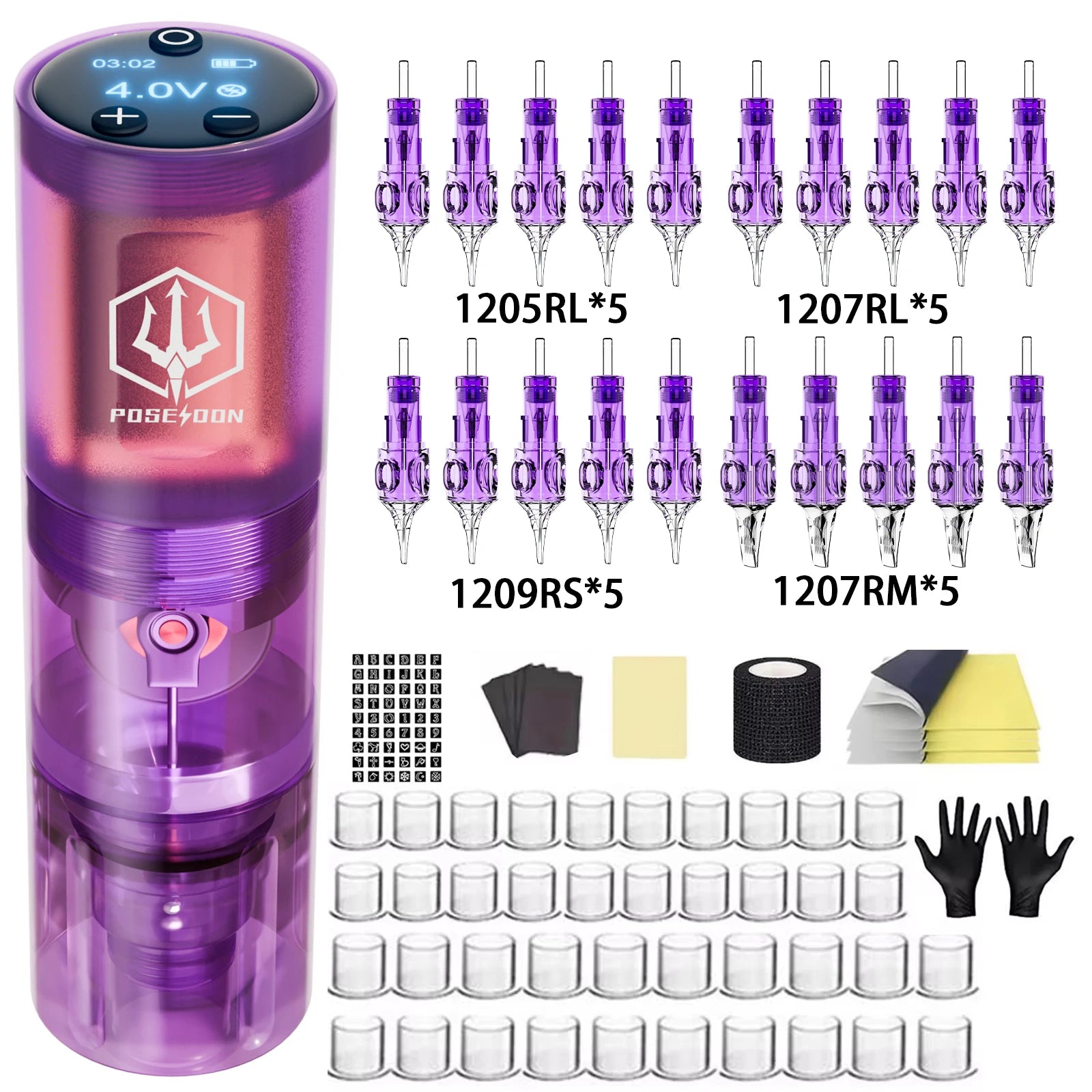 Tattoo Kit POSEIDON High Power Tattoo Pen Kit For Permanent Makeup Tattoo Machine Kit Hot Purple Tattoo Power Supply Tattoo Gun