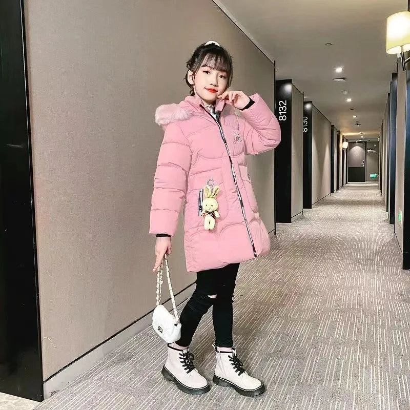 5-14 Years Old Winter Boys Girls Jacket Long Style Hooded Fur Collar Colorful Heavy Coat For Kids Children Outerwear