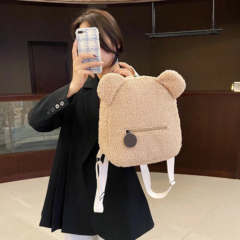 Cute Bear Ear Plush Backpack for Kids Adult Lamb Fleece Shoulder Bag High-capacity Korean Parent-Child Bags Boys Girls Backpacks