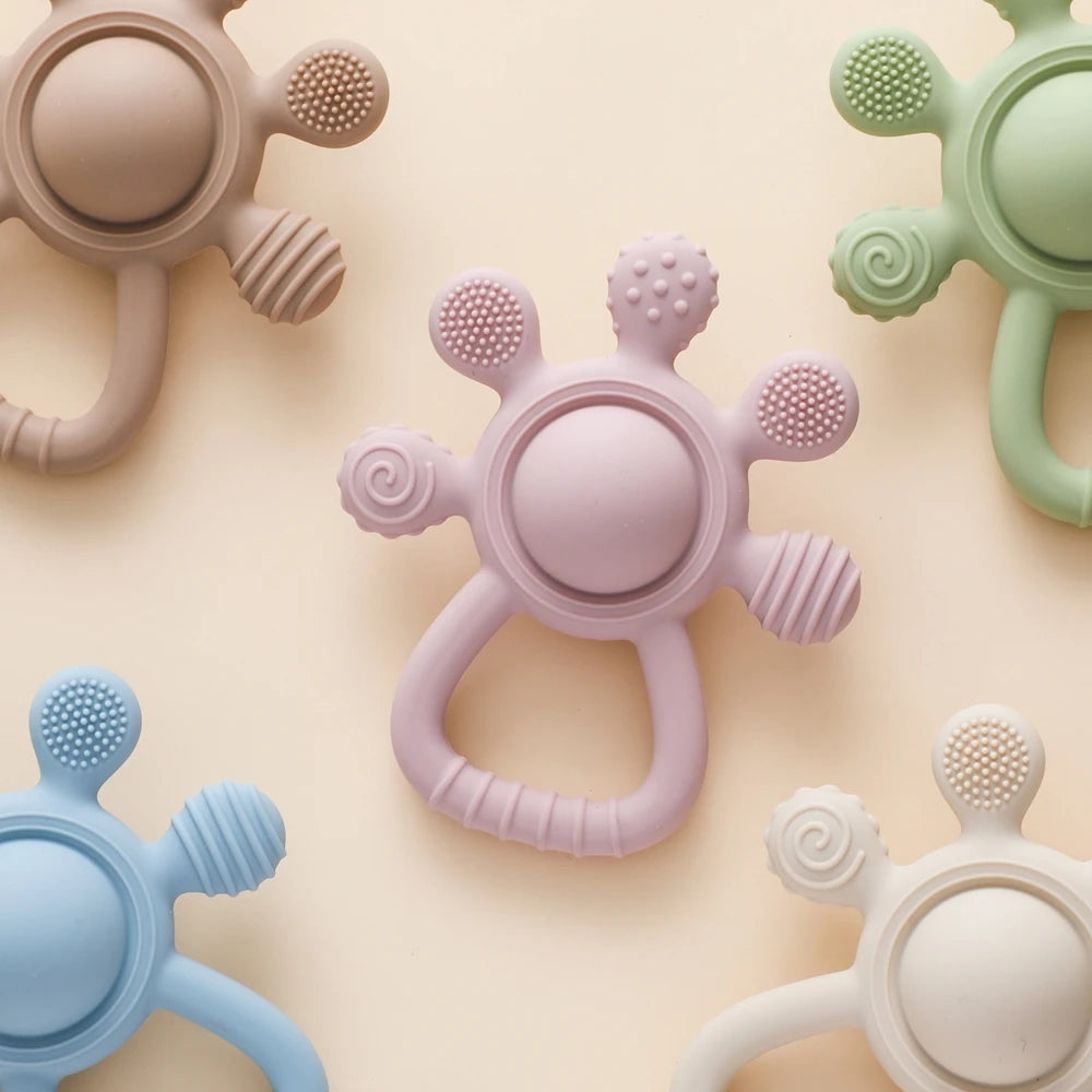 BPA Free Silicone Teether Food Grade Baby 0-12 Toys Teething Rattle Sensory Toys for Toddlers Silicone Hand Bell Soothing Toys