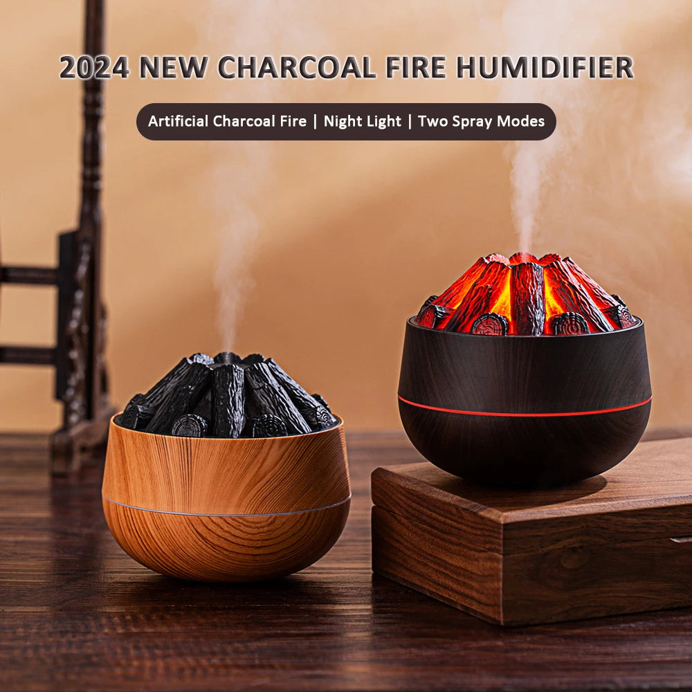 200ML Aroma Diffuser Mist Sprayer Air Humidifier Artificial Charcoal Fire Mini Diffuser with Night Light for Home
