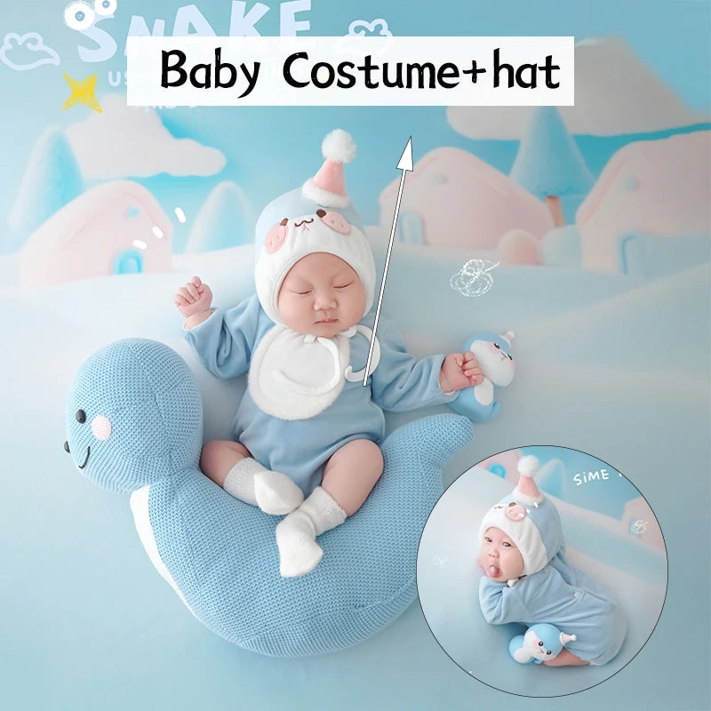 Baby Photography Clothes Cartoon Knitted Jumpsuit With Tail+Hat+Dolls 4pc/Set Newborn Costume Cute Snake Toy Pillow Accessories
