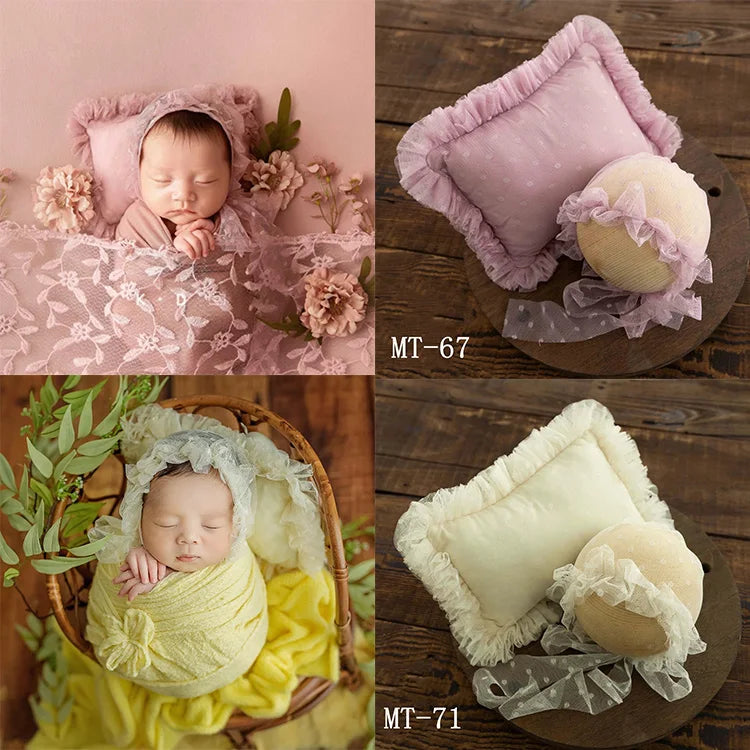 Newborn Photography Props Lace Hat+Pillow 2pcs/Set Baby Posing Props Up Pillows Studio 0-1 Month Infant Photoshoot Accessories
