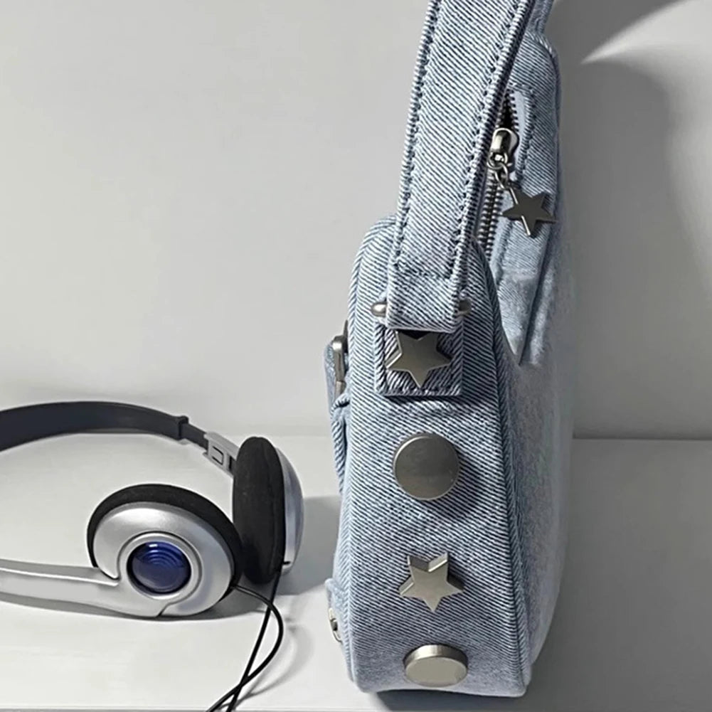 Women Shoulder Handbag Vintage Y2K Casual Hobos Zipper Star Decor Solid Color Gift for Girls Ladies Purse Tote Bag