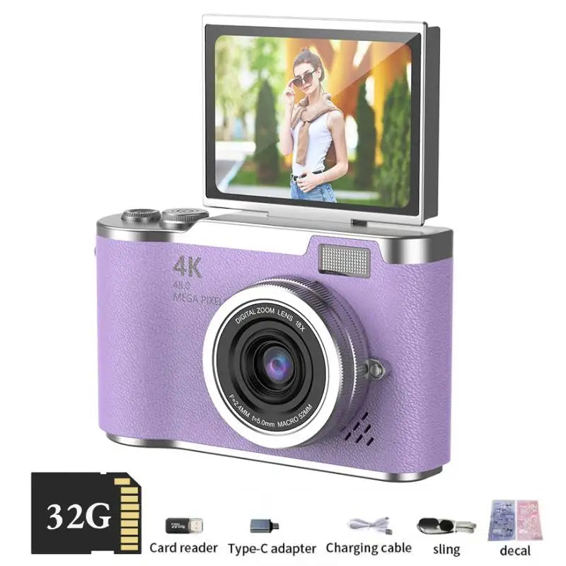 4K Digital Camera CCD 180° Flip Screen Selfie Camera 8X Digital Zoom 48MP Portable Digital Photography Camera with 32G Card
