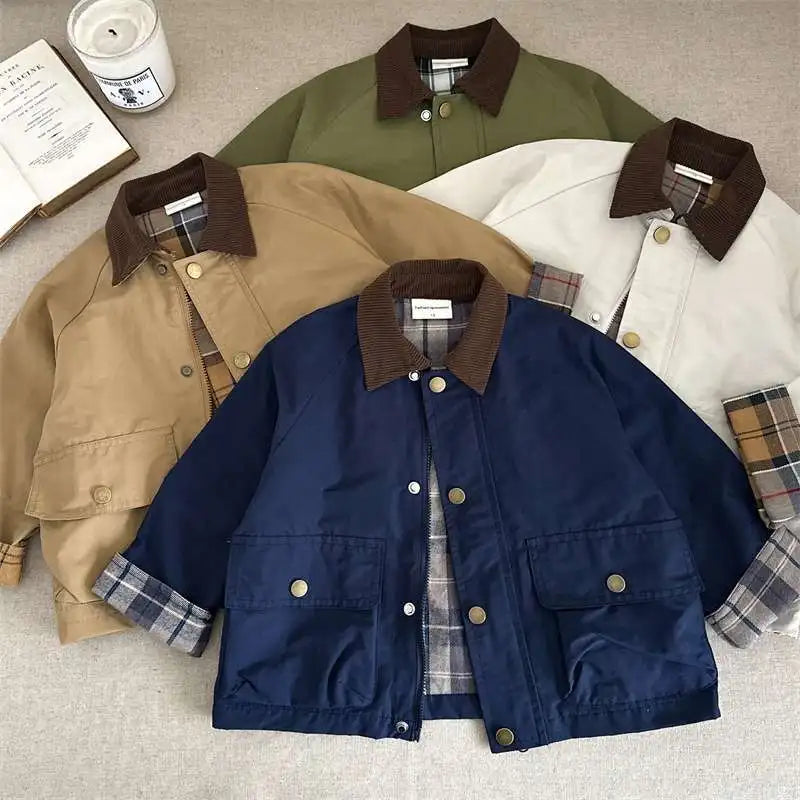 2025 UNITIM Spring Autumn Kids Boys Jacket Plaid Spliced Pocket Long Sleeve Toddler Boys Outerwears Coat Children Boys Jacket