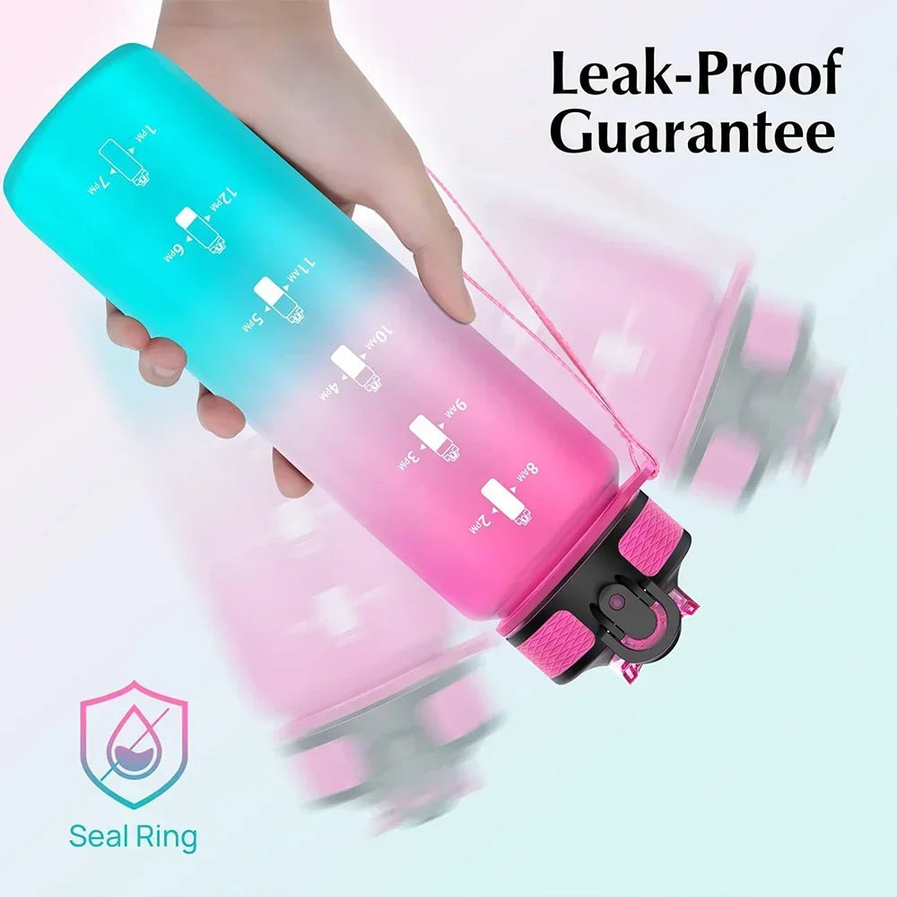 1L Gradient Color Motivational Sports Water Bottle with Time Marker Water Bottle with Straw for Office Exercise Gym Outdoor