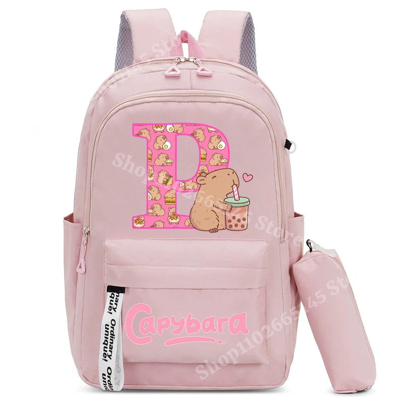 Cute Capibara Kids Backpack with Pencil Case Capybara Kawaii Girls School Bag Stationery Pouch Children Letter A-Z Rucksack Gift