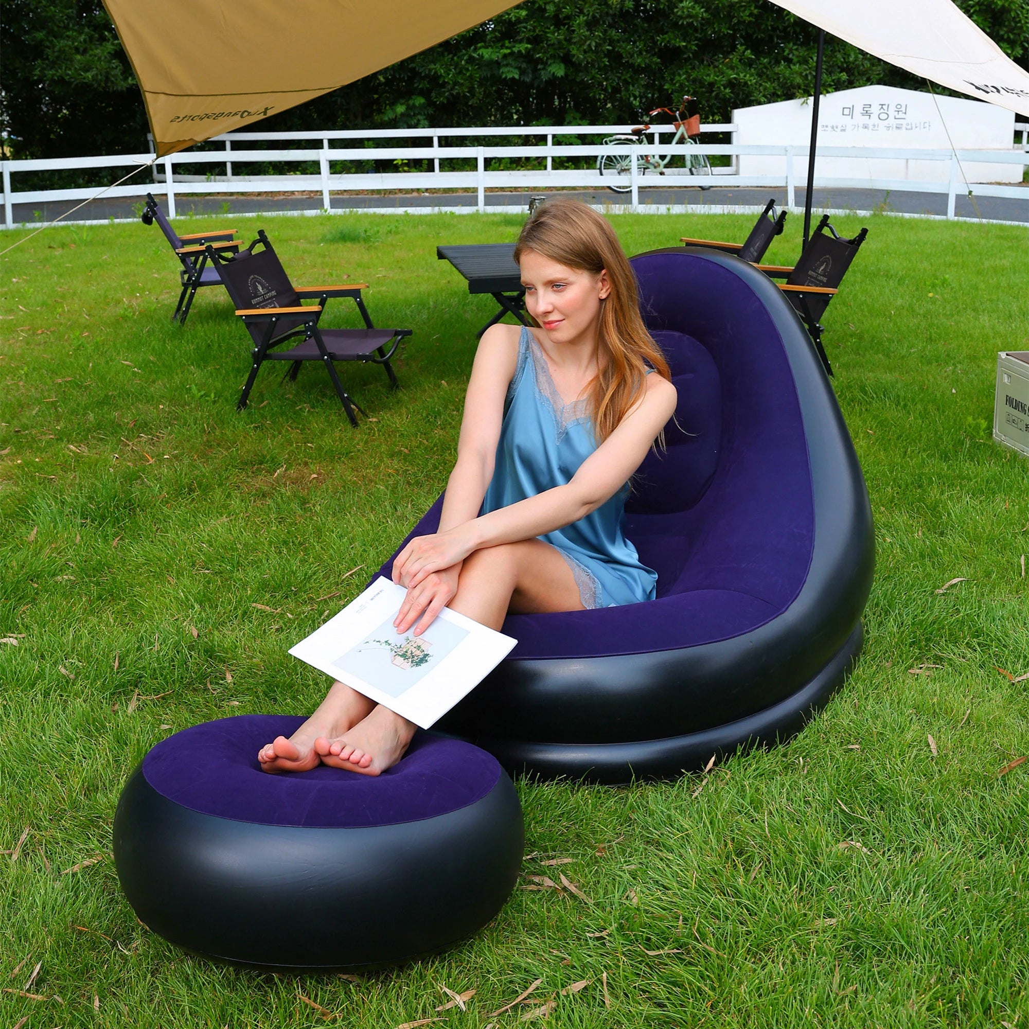 Lazy Couch Sofas Inflatable Chair Foldable Recliner Outdoor Sofa Bed Footstool Portable Folding Air Bed Lunch Lounge Chair Set