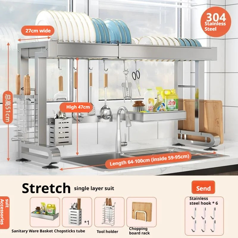 Over Sink Dish Drying Rack Stainless Steel Expandable Drain Bowl Holder Shelf Kitchen Counter Dish Storage Rack Hanger Shelves