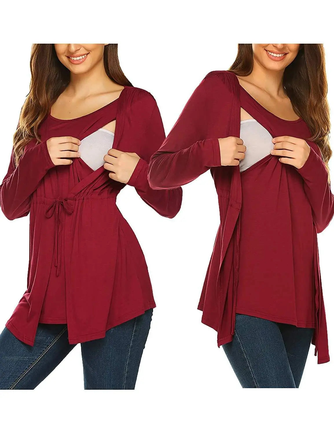Autumn Winter Long Sleeve Round Neck Fake Two Piece Lace Up Breastfeeding Pregnant Women's Top T-shirt Pregnant Women's Outwear