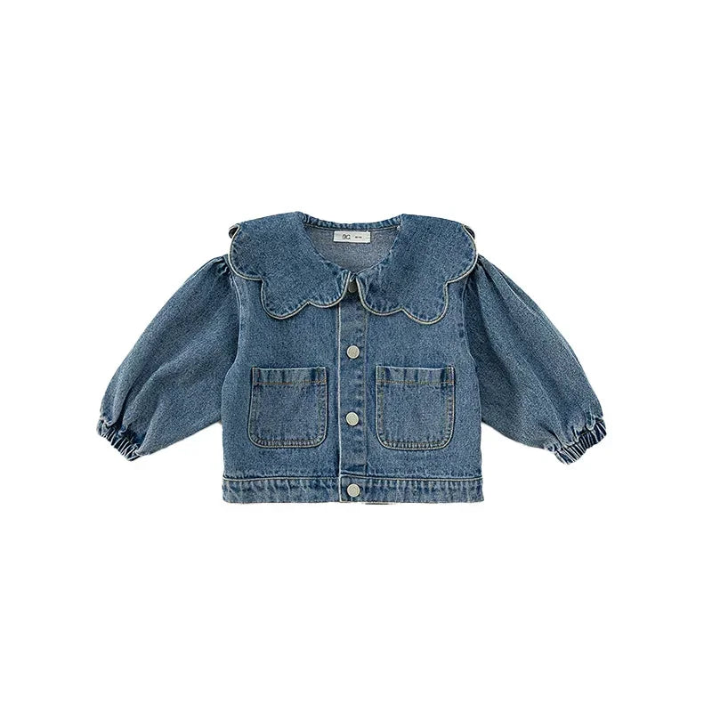 Korean Style Spring Autumn Kids Girl Denim Coat Ruffle Collar Long Sleeve Outerwear Children Fashion Versatile Clothes E82075