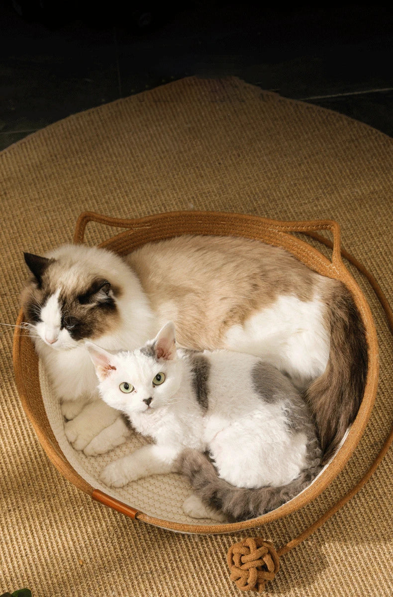 Cat Bed Handmade Rattan Woven Pet Nest Removable Washable Warm Pad All-Season Cat Scratch Board Winter Warm Cat House for Cats