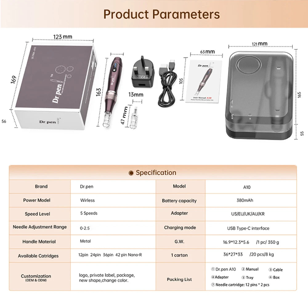 Original Dr.pen Ultima A10 With 2pcs Cartridge Wireless Skin Care Derma Pen Micro Microneedle Skin Pen Skin Rejuvenation Machine
