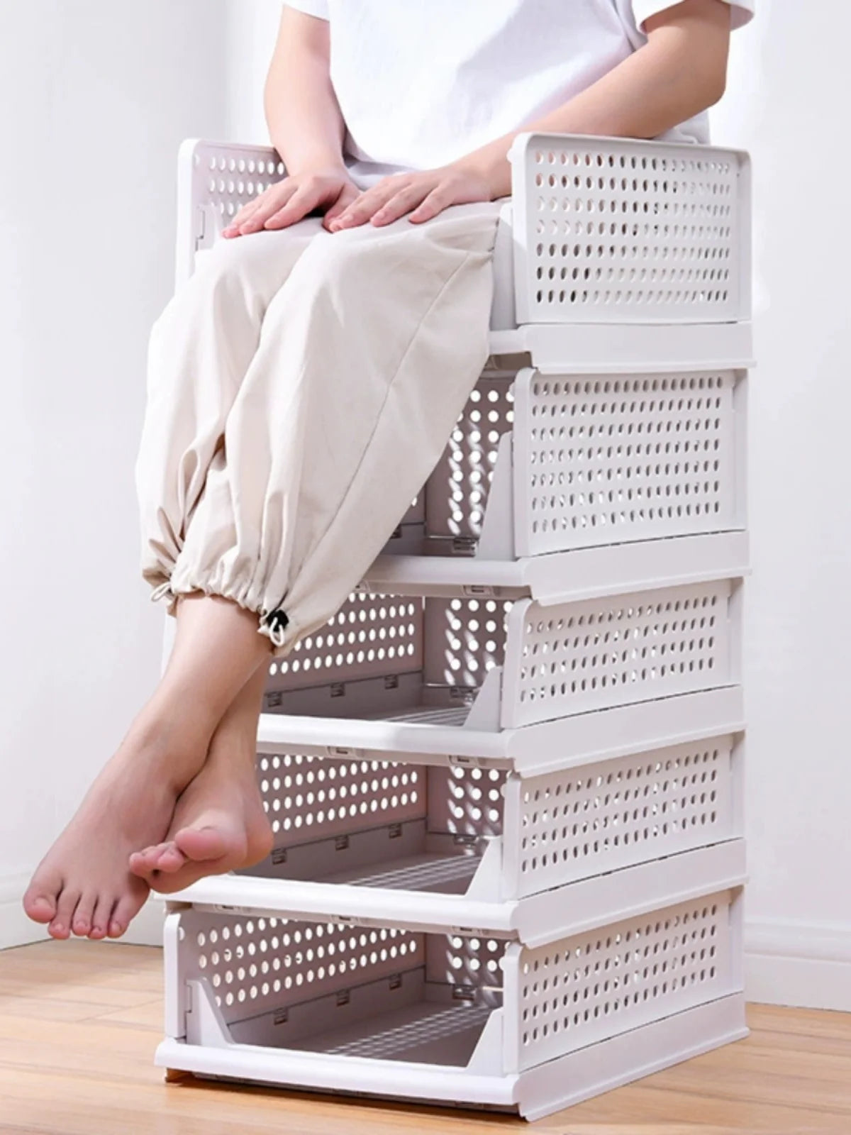 6 Pack Folding Closet Organizers Storage Box, Stackable Plastic Storage Basket, Closet Organizers and Storage Drawer Shelf Stora