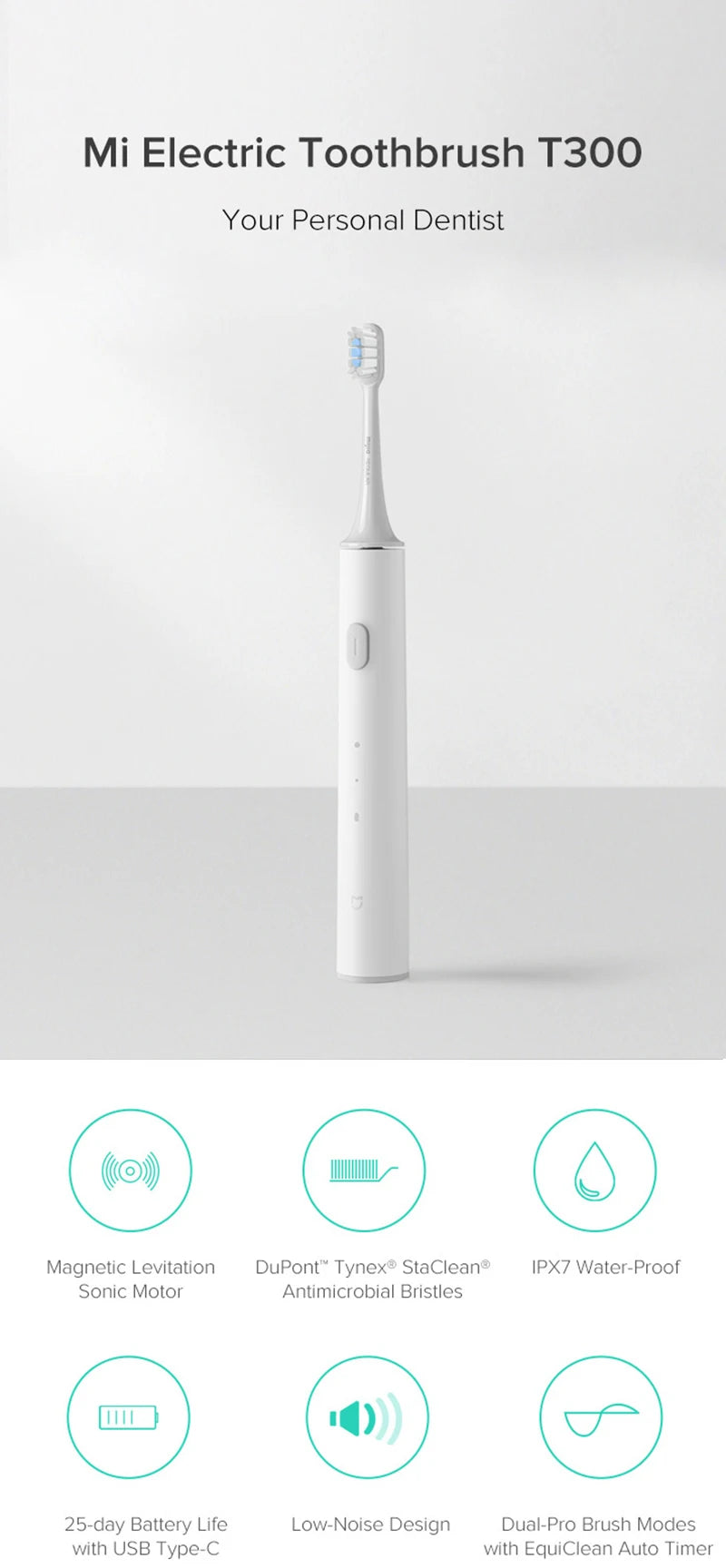 XIAOMI MIJIA Sonic Electric Toothbrushes T300,One Charge For 25 Days,2 Mode,IPX7 Waterproof Rechargeable Toothbrush Whiten teeth