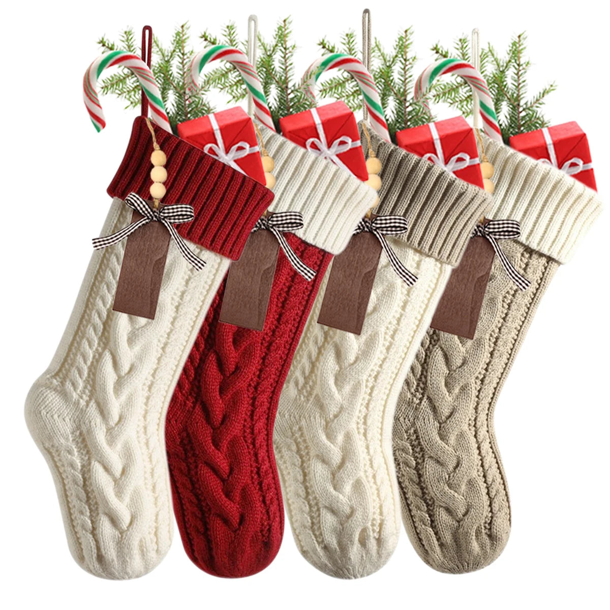 4-12PACK Christmas Stockings 18Inches Large Cable Knitted Stocking Xmas Hanging Stocking Decorations with Name Tags