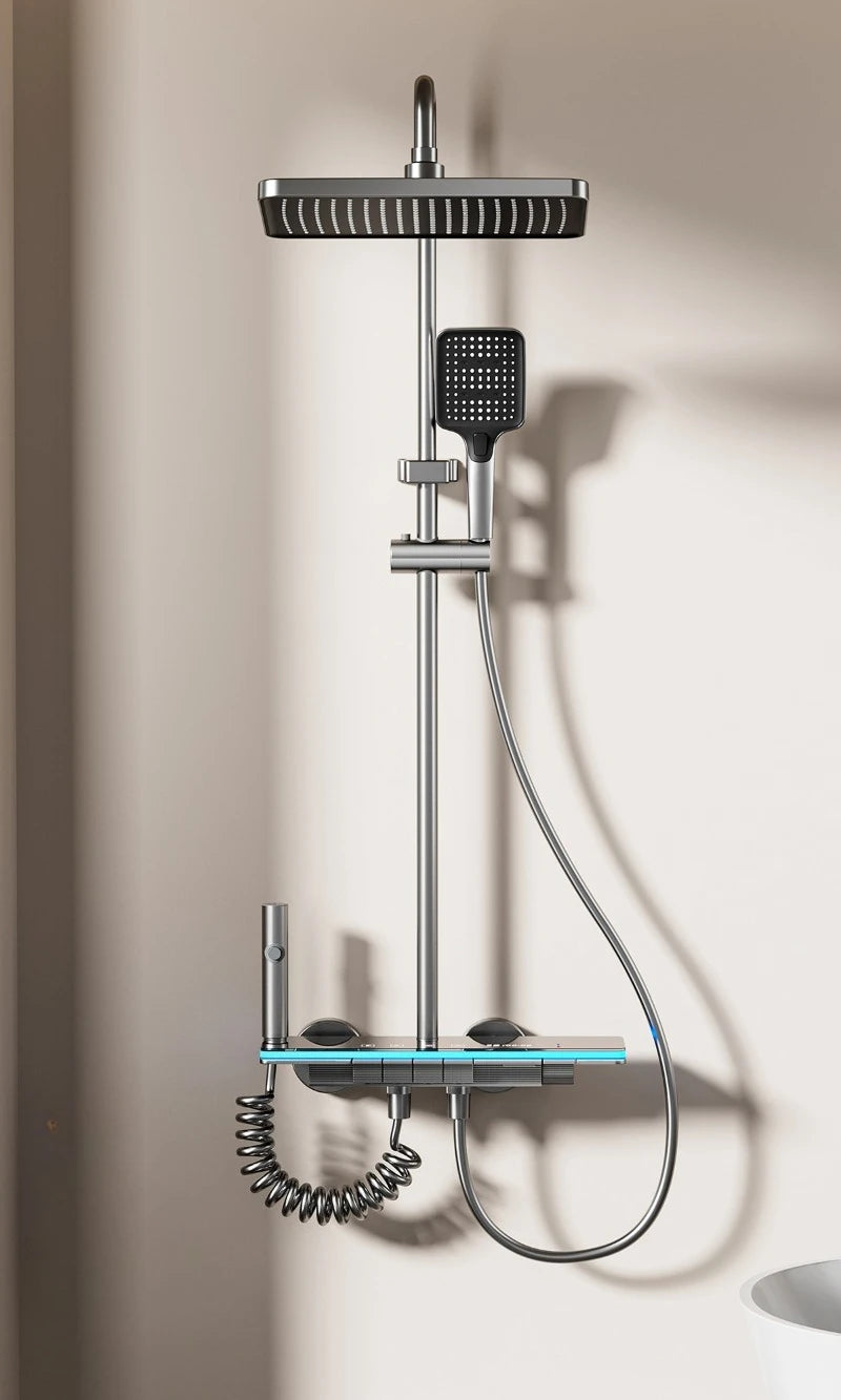 Grey Shower System with Ambient Light Intelligent Digital Shower Faucet Set Temperature Display Rainlfall Bathroom Shower Set