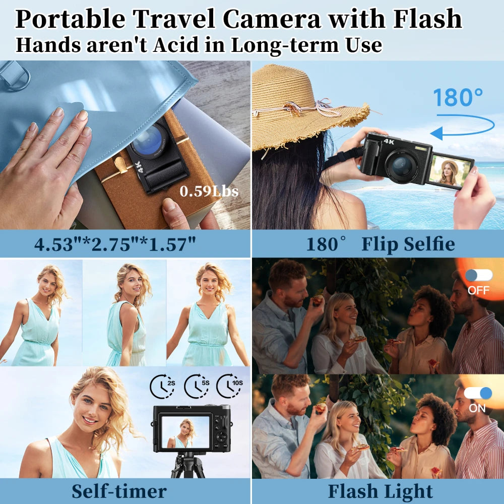 4K Digital Camera for Photography and Video Autofocus Anti-Shake 48MP Compact Vlogging Camera 3'' 180° Flip Screen with Flash