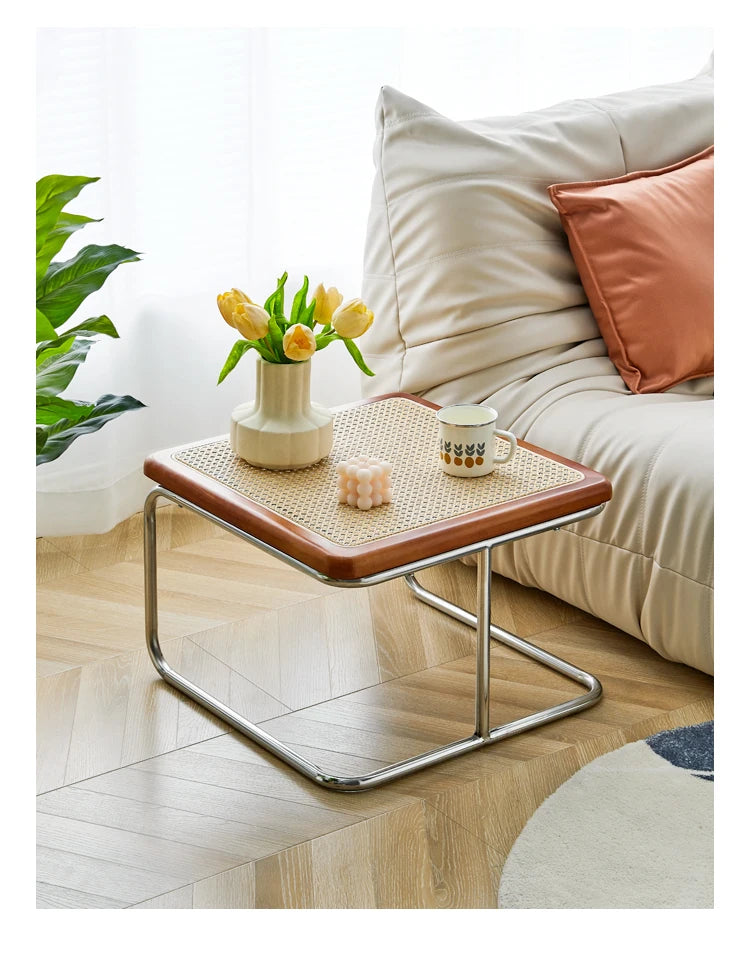 Retro Medieval Style Rattan Coffee Table Glass Side Tables Living Room Corner Coffee Desks Combination Desk Simple Design