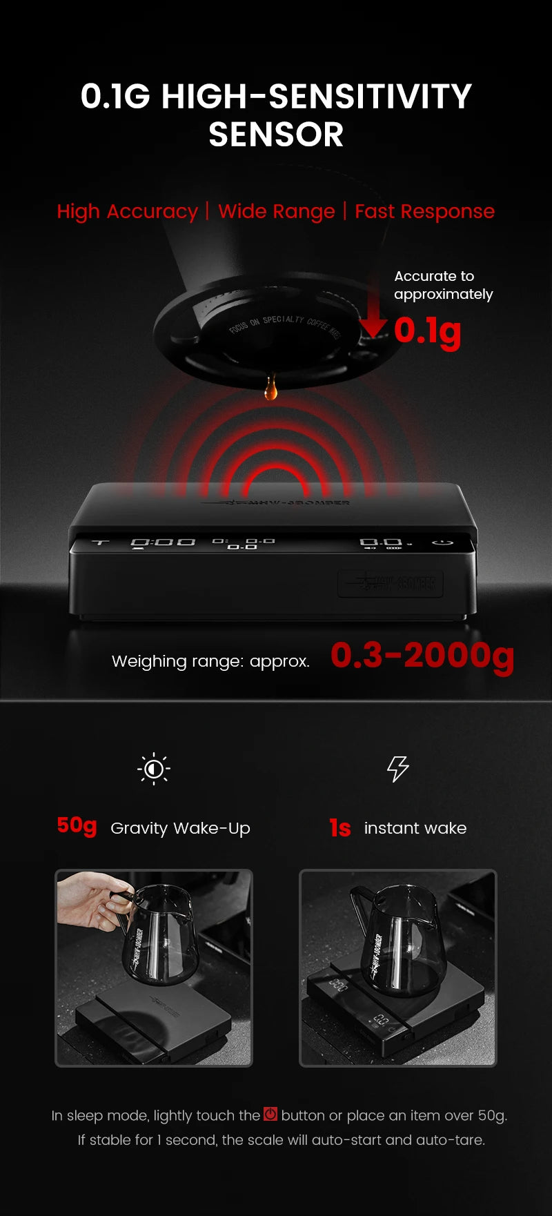 MHW-3BOMBER Upgrade Digital Kitchen Coffee Scale High Precision Rechargeable Espresso Electronic Scale Barista Accessories