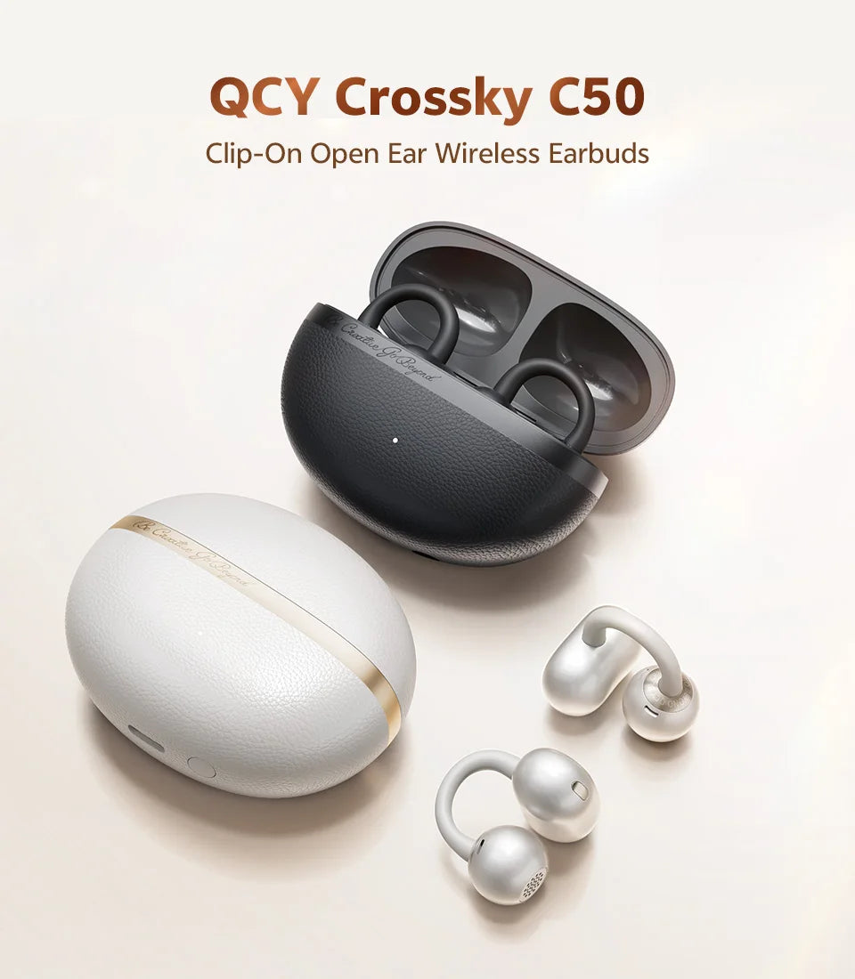 QCY Crossky C50 Open Ear Wireless Earbuds Bluetooth 6.0 Comfort Clip On Sports Earphone 4 Mic AI Clear Call Bass Boost Headphone