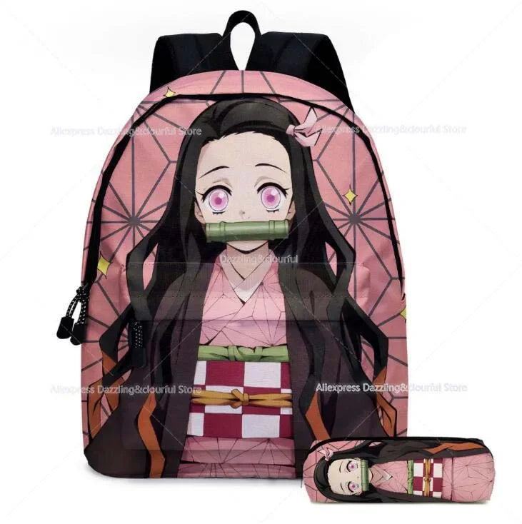Demon Slayer Nezuko Backpacks 2pcs Girls School Bags Kimetsu No Yaiba Kids Anime Bagpacks Female Male Bookbag Gifts