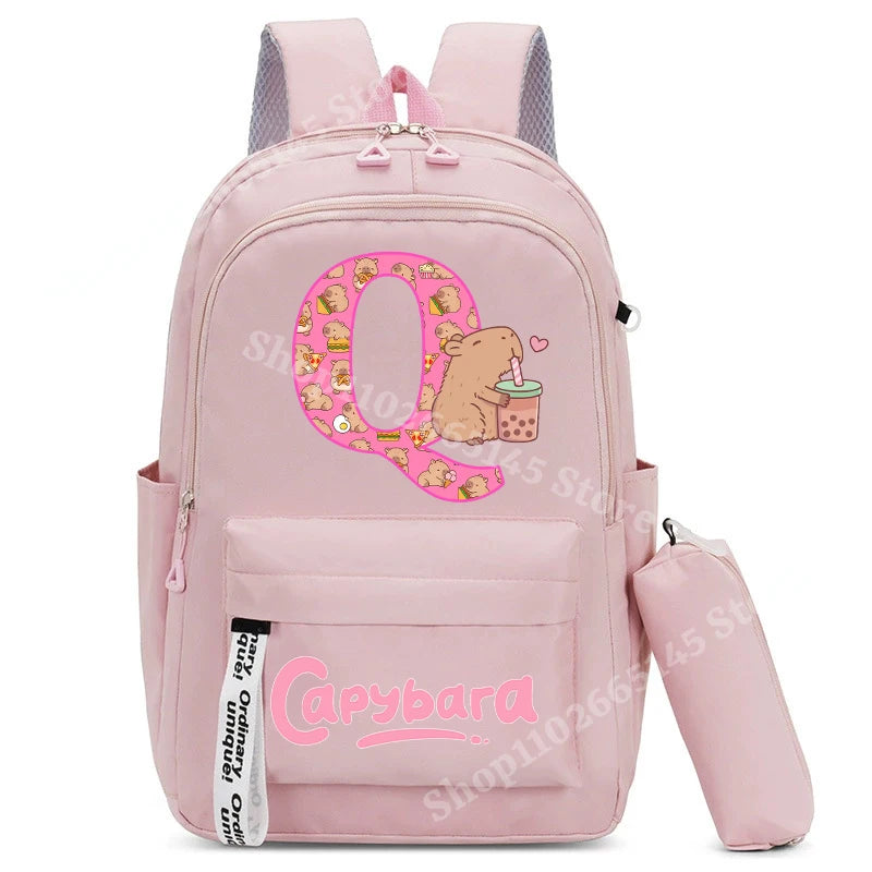 Cute Capibara Kids Backpack with Pencil Case Capybara Kawaii Girls School Bag Stationery Pouch Children Letter A-Z Rucksack Gift