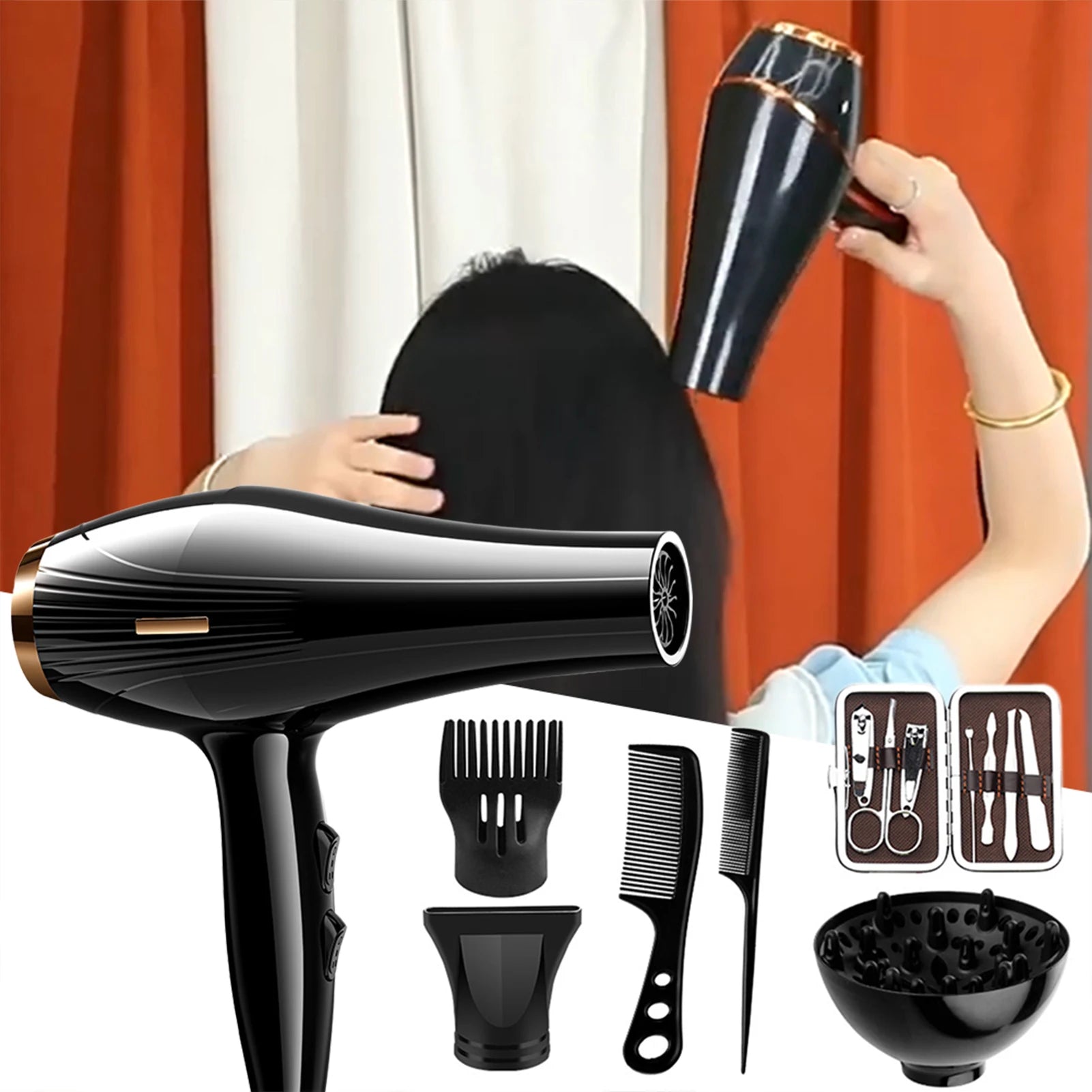 6 In 1 High-Powered Low Noise Hair Dryer Powerful Fast Dry Hot Cold Wind Hair Dryer For Home Travel Hair Styling