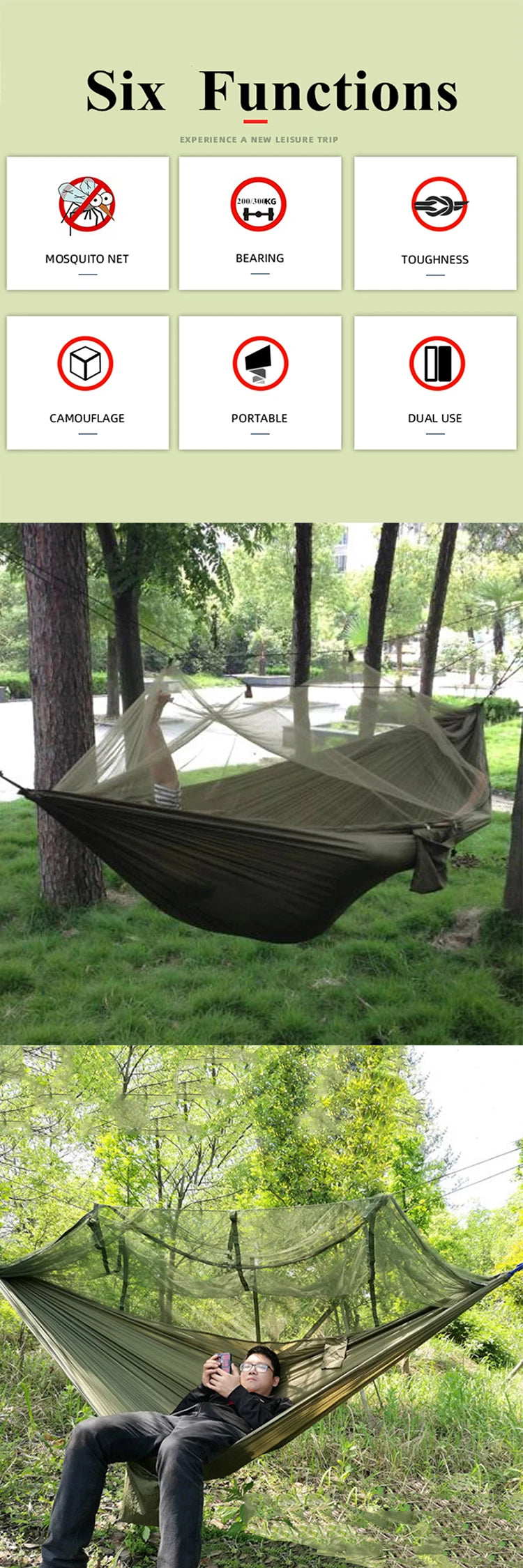 Lightweight Portable Outdoor Camping Hammock with Mosquito Net High Strength Parachute Fabric Hanging Bed Hunting Sleeping Swing