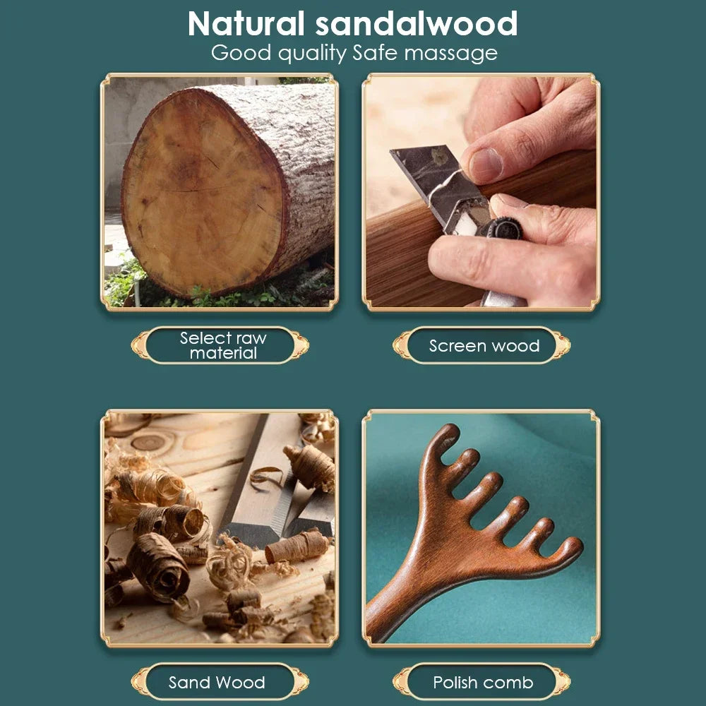 Natural Sandalwood Massage Comb Six-Claw Head Acupoint Massage Gua Sha Tool Neck Face Lifting Scraping Massager