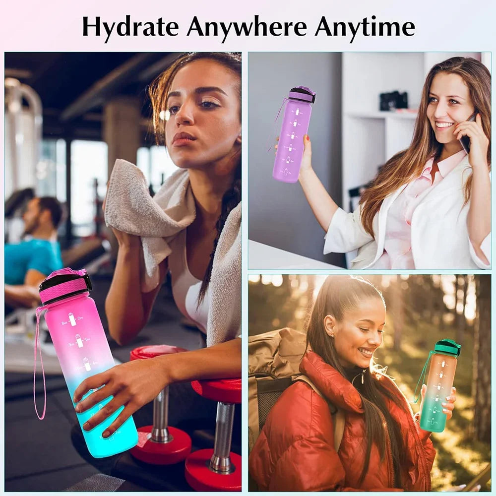 1L Gradient Color Motivational Sports Water Bottle with Time Marker Water Bottle with Straw for Office Exercise Gym Outdoor