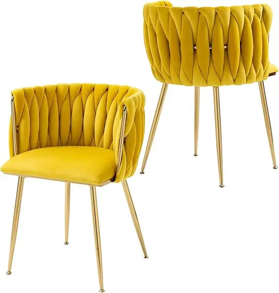 Velvet Dining Chairs Set of 2, Woven Upholstered Dining Chairs with Gold Metal Legs, Modern Accent Chairs for Living Room,