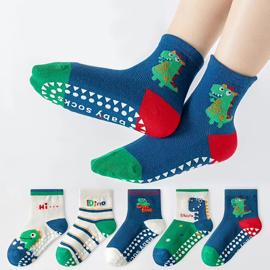 5 Pairs of Floor Socks Cartoon Glue Floor Socks Letter Stripes Animal Dinosaur Baby Socks for Boys and Girls Soft Bottom Indoor Non-Slip Socks Suitable for Daily Life