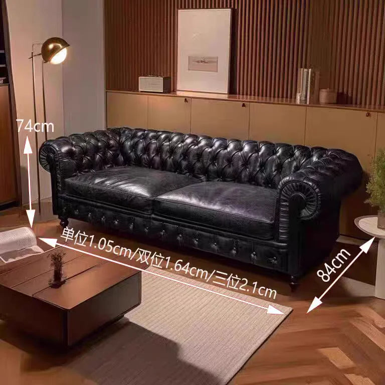 American classic tufted sofa, vintage cigar bar whiskey straight row sofa, oil wax leather café sofa