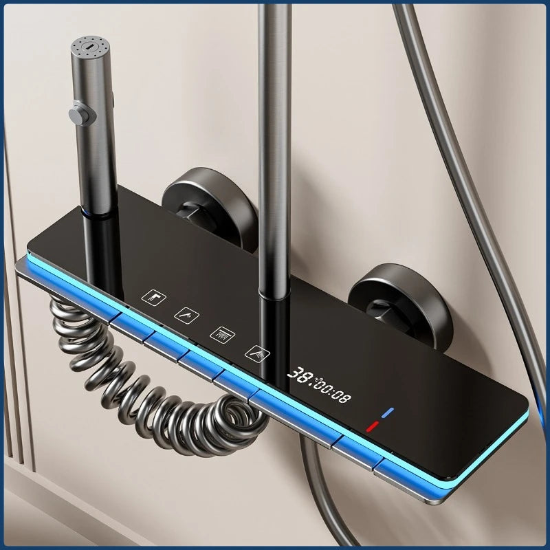 Grey Four Mode Shower System Intelligent Digital Bathroom Shower Faucet Set Temperature Display Rainlfall Bathroom Shower Set