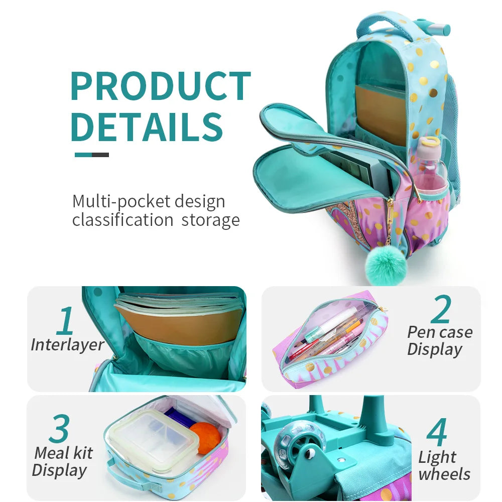 3PCS Rolling Backpack for Girls Kids  Wheeled School BookBag With Lunch And Pen Bag  Iron tower Pink  Glow-in-the-dark Function