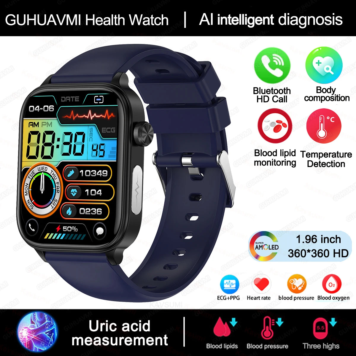 2025New Al Medical Diagnosis Blood Lpids Uric Acid Blood Glucose Smart Watch Men ECG+PPG Voice Bluetooth Call Health Smartwatch