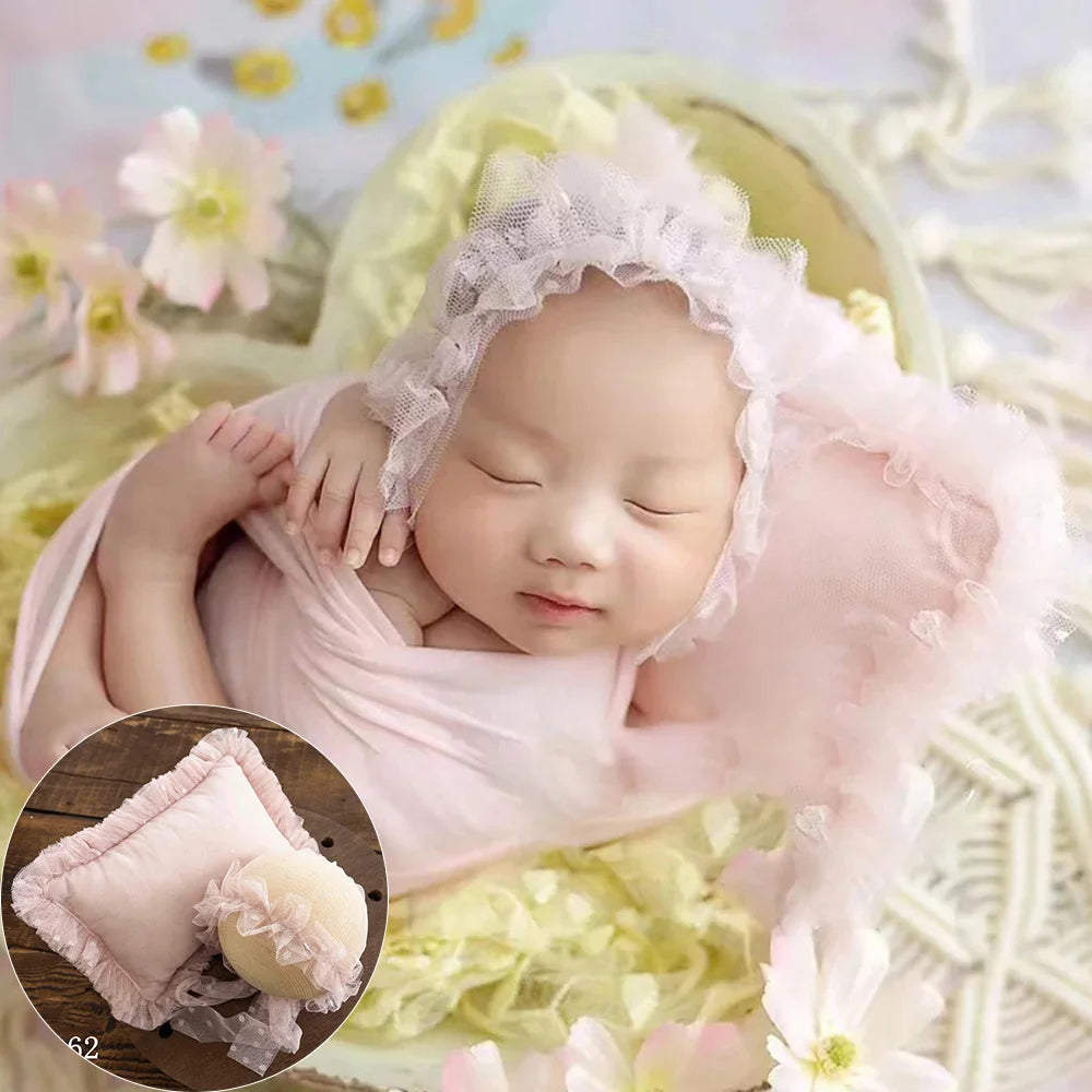 Newborn Photography Props Lace Hat+Pillow 2pcs/Set Baby Posing Props Up Pillows Studio 0-1 Month Infant Photoshoot Accessories