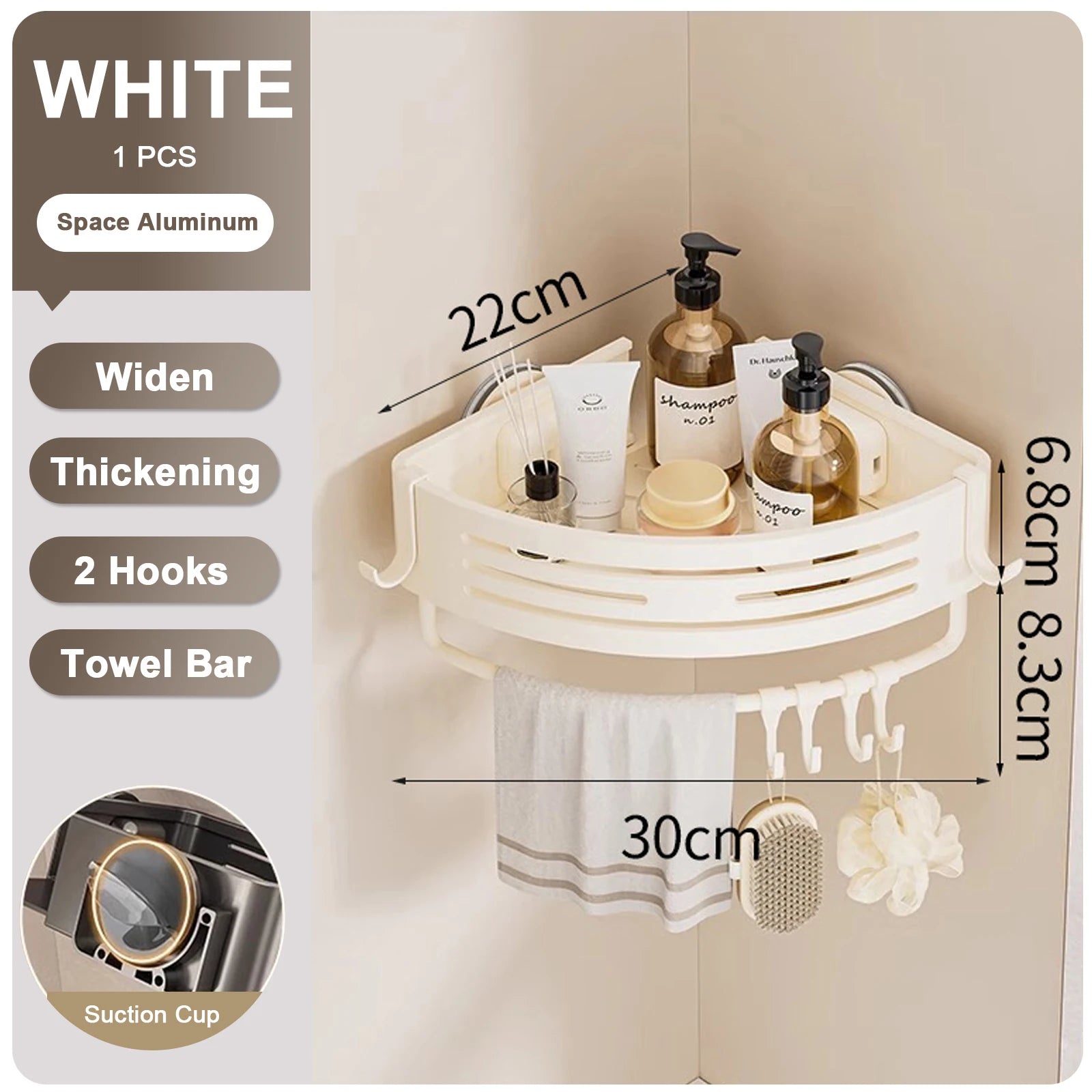 Triangular Shower Shelf with Hooks Suction Cup No Drill Bathroom Organizer Aluminum Corner Rack for Shampoo Soap Kitchen Storage