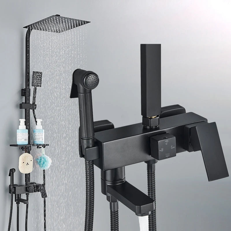 Black Gold Bathroom Shower System Brass Hot Cold Bathroom Faucets Set Accessories 10 Inch Stainless Steel Rain Shower Head