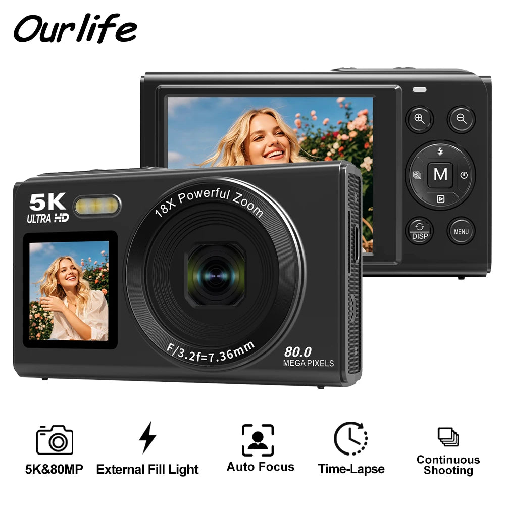 Ourlife Digital Camera CCD Dual Screen Portable Digital Camera 18X Zoom 5K Vintage Vlog Video Recorder 80MP CCD Selfie Camera